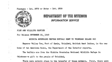 Wichita Mountains Refuge Buffalo Sent to Trinidad Island Zoo November 22, 1959