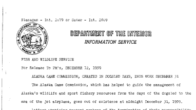 Alaska Game Commission, Created in Dogsled Days, Ends Work December 31 December 12, 1959