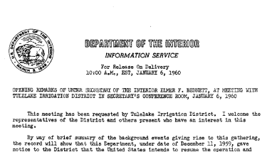 Statement by Under Sec. Elmer F. Bennett, at Meeting With Tulelake Irrigation Dist., Etc. January 6, 1960