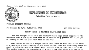 Shrimp Creole- A Tempting Cold Weather Dish January 11, 1960