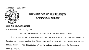 Important Legislative Actions Noted in FWS Annual Report January 18, 1960