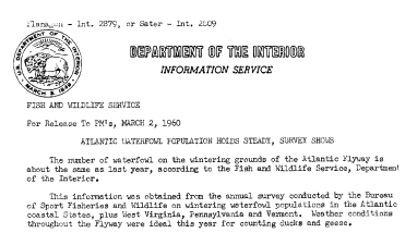 Atlantic Waterfowl Population Holds Steady, Survey Shows--March 2, 1960