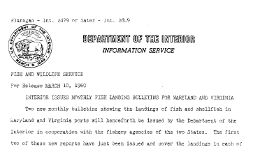 Interior Issues Monthly Fish Landing Bulletins for Maryland and Virginia--March 10,1960