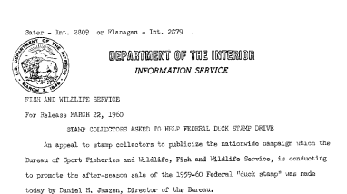 Stamp Collectors Asked to Help Federal Duck Stamp Drive--March 22, 1960