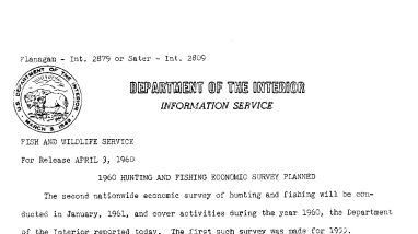 1960 Hunting and Fishing Economic Survey Planned--April 3, 1960