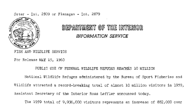 Public Use of Federal Wildlife Refuges Reaches 10 Million--May 15,1960