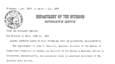 Alaska Director Named to Fill Fisheries Post in Glouchester, Massachusetts--June 21,1960