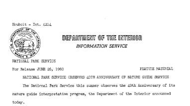 National Park Service Observes 40th Anniversary of Nature Guide Service (Feature Material)--June 26,1960