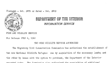 Two More Wildlife Refuges Authorized--July 6,1960