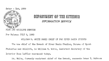 William M. White Named Chief of FWS River Basin Studies