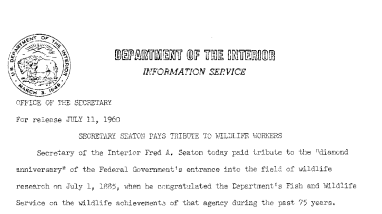 Secretary Seaton Pays Tribute to Wildlife Workers--July 11,1960