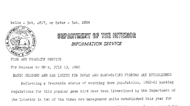 Basic Seasons and Bag Limits for Doves and Band-Tailed Pigeons Are Established--July 13,1960
