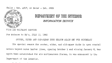 Scoter, Eider and Old-Squaw Duck Season Again Set for Northeast--July 13,1960