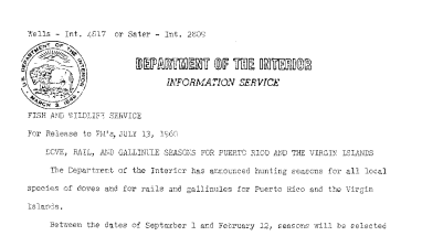 Dove, Rail and Gallinule Seasons for Puerto Rico and the Virgin Islands--July 13, 1960