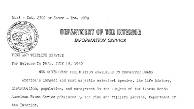New Government Pulication Available on Trumpeter Swan--July 18,1960