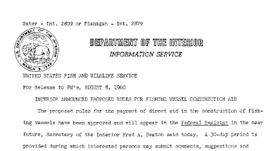 Interior Announced Proposed Rules for Fishing Vessel Construction Aid--August 8,1960