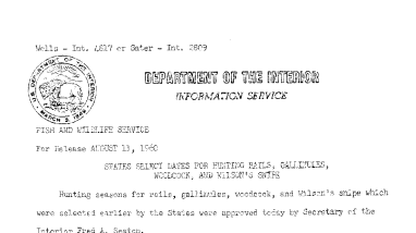 States Select Dates for Hunting Rails, Gallinules,woodcock, and Wilson's Snipe--August 11, 1960
