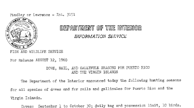 Dove,rail and Gallinule Seasons for Puerto Rico and the Virgin Islands--August 12, 1960