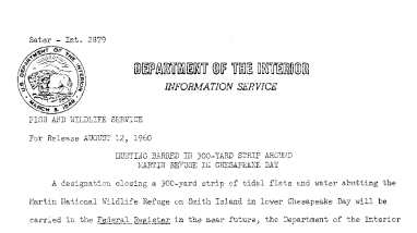 Hunting Barred in 300-Yard Strip Around Martin Refuge August 12, 1960