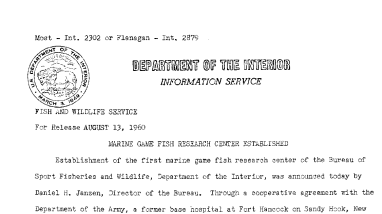 Marine Game Fish Research Center Established--August 13, 1960