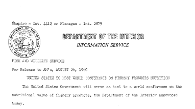 United States to Host World Conference on Fishery Products Nutrition--August 26, 1960