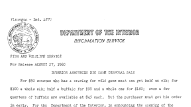 Interior Announces Big Game Disposal Sale--August 27, 1960