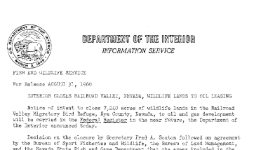 Interior Closes Railroad Valley, Nevada, Wildlife Lands to Oil Leasing--August 31, 1960