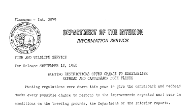 Hunting Restrictions Offer Chance to Reestablish Redhead and Canvasback Duck Flock--September 18, 1960