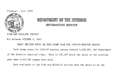 Sharp Decline Noted in Duck Stamp Sale for 1959-60 Hunting Season--October 2,1960