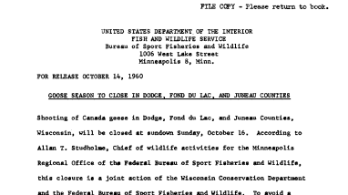 Goose Season to Close in Dodge, Fond Du Lac, and Juneau Counties--October 14, 1960