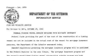 Federal Fishing Vessel Subsidy Excluded From Mortgage Insurance--October 28, 1960