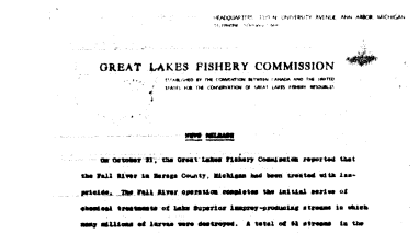 Great Lakes Fishery Commission News Release on Lake Superior Lamprey Treatment--October, 31, 1960