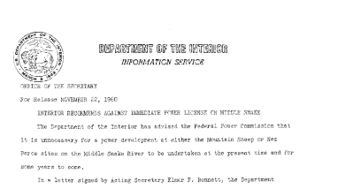 Interior Recommends Against Immediate Power License on Middle Snake--November 22, 1960