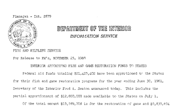 Interior Apportions Fish and Game Restoration Funds to States--November, 25, 1960 5, 1960
