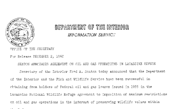 Seaton Announces Agreement on Oil and Gas Operations in Lacassine Refuge--December 2, 1960