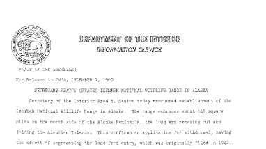 Sec. Seaton Creates Izembek National Wildlife Range in Alaska--December 7, 1960