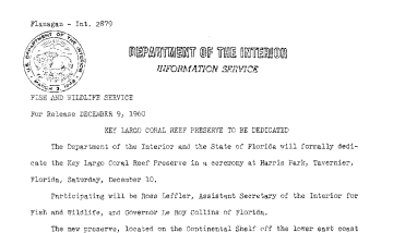 Key Largo Coral Reef Preserve to Be Dedicated--December 9, 1960