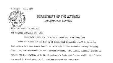 Secretary Named for American Fishery Advisory Committee--December 13, 1960