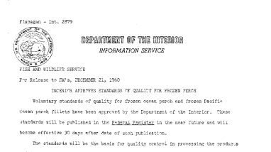 Interior Approves Standards of Quality for Frozen Perch--December 21, 1960
