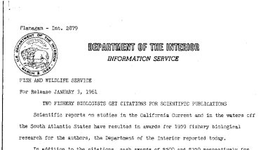 Two Fishery Biologists Get Citations for Scientific Publications--January 3, 1961