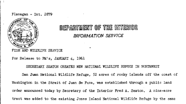 Secretary Seaton Creates New Natonal Wildlife Refuge in Northwest--January 4, 1961