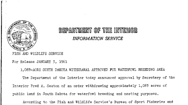 1,085-Acre South Dakota Withdrawal Approved for Waterfowl Breeding Area--January 5, 1961--January 5, 1961