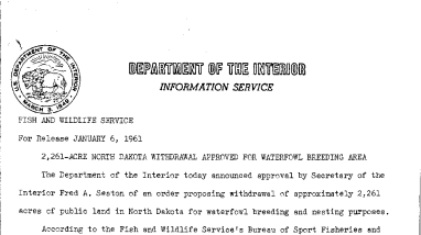 2,261-Acre North Dakota Withdrawal Approved for Waterfowl Breeding Area--January 6, 1961