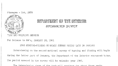 1960 Hunting-Fishing Economic Survey Begins Late in January--January 18, 1961