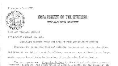 Long-Range Reports Point Out Role of Fish and Wildlife Service--January 20, 1961