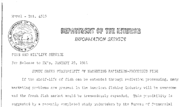 Study Shows Feasibility of Marketing Radiation-Processed Fish--January 25, 1961