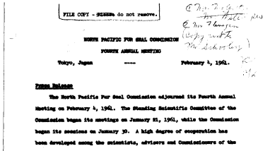 North Pacific Fur Seal Commission- Fourth Annual Meeting--February 4,1961