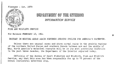Drought in Nesting Areas Again Portends Serious Outlook for America's Waterfowl--February 10, 1961