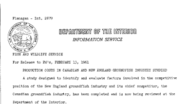 Producti0n Costs in Canadian and New England Groundfish Industry Studied--February 13, 1961