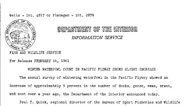 Winter Waterfowl Count in Pacific Flyway Shows Slight Increase--February 16, 1961